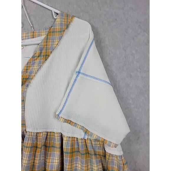 POL White Brown Plaid SS Thermal Flannel Peplum Tunic Women's Large - Picture 4 of 12